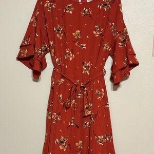 Red Ruffled Wrap Midi Dress with Tie Front